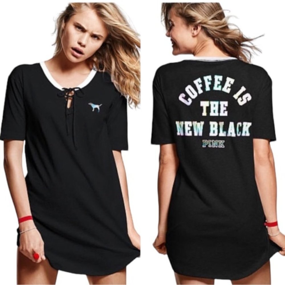 Pink VS Coffee is the New Black Lace-Up Pajama Sleep Shirt